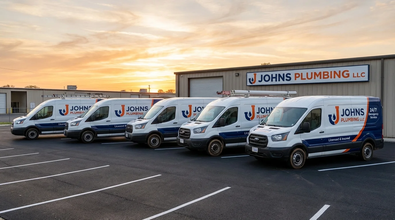 Johns Plumbing LLC fleet of service vans ready for dispatch across Illinois